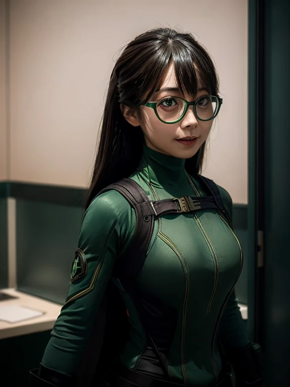 masterpiece, best quality, Very detailed, Lived_Luyu1girl, Solitary, For the audience, Green Superhero, Glasses