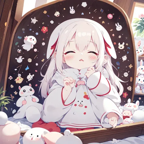 1girl, tiny rabbit stuffed, kigurumi, albino, close eyes, :3, sleepeace, marshmallow bed