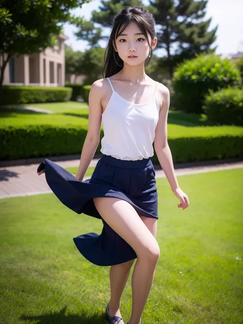 (masterpiece, highest quality:1.4), Award-winning portraits, 8k, 85mm, alone, Beautiful Face, Delicate girl,  (Cheerleader、On the grass), Sophisticated, cute, 15 years old, RAW Photos, Confused, High resolution, Sharp focus, Background Blur、(((flat  、thin ...