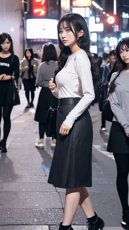 Young Japanese Woman、(Slender women、slender),(Long Hair,Light Wave、curl),Beauty、cute、(Grey long sleeve,A tight fitting long T-shirt、tight long t-shirt:1.3),(A skirt made of thin fabric、Black Skirt:1.3),(A skirt that accentuates the hip line:1.5),(Slightly ...