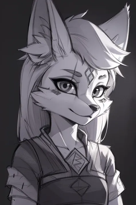 black background,ultra detailed(sketch:1.2),graphite,(monocolour:1.3), solo, furry fox girl,animal ear, looking at viewer,