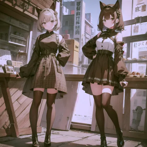 1girl、Standing in front of the viewer、Masterpiece、Official Art、high waist、Brown and dark brown houndstooth A-line dress、Dark piping、Super detailed、super beautiful、white straight short hair、Knee-high boots、