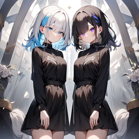 {{2girls}},masterpiece,best quality,very aesthetic,absurdres,cowboy shot,lightcolor,darkcolor,light hair,dark hair,White hair,light  blue hair,light  blue eyes,Lovely,translucent hair,dark purple eyes,headless,(black hair,one eyes),