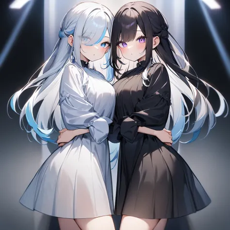 {{2girls}},masterpiece,best quality,very aesthetic,absurdres,cowboy shot,lightcolor,darkcolor,light hair,dark hair,White hair,light  blue hair,light  blue eyes,Lovely,translucent hair,dark purple eyes,headless,(black hair,one eyes),