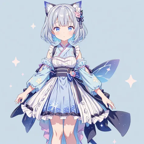 vtuber-fullbody、character design sheet、Transparent pastel colored little fairy wings、Gray hair and blue inner color、A beautiful girl wearing a remade black and white yukata、A frilled courtesan dress with a pattern that evokes the Milky Way and the universe...