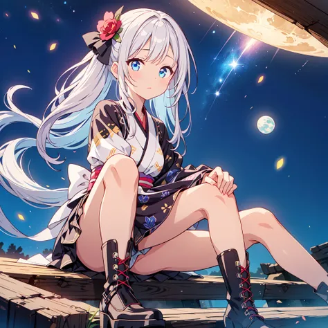 Star Fairy、(masterpiece, best quality), 1girl, sitting on the crescent moon、「A beautifully printed galaxy patterned kimono and gothic lolita outfit.、Space pattern box pleated mini skirt with ruffles、Front view portrait、Knee-high boots、enchanting eyes、Perfe...