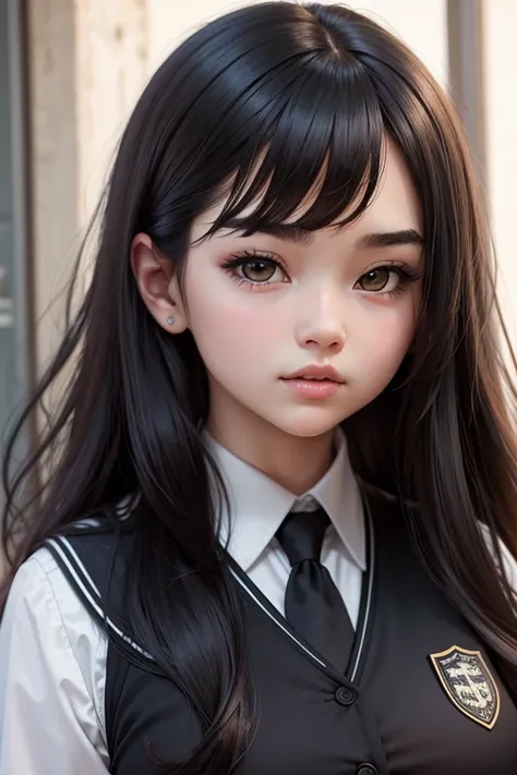 Masterpiece high quality high details realistic face ultra realistic face chubby face girl with slender curved fit figure and long dark black hair wearing highschool uniform dress