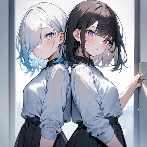 {{2girls}},masterpiece,best quality,very aesthetic,absurdres,cowboy shot,light color,dark color,light hair,dark hair,White hair,light  blue hair,light  blue eyes,Lovely,translucent hair,dark purple eyes,headless,(black hair,one eyes),hair one eyes