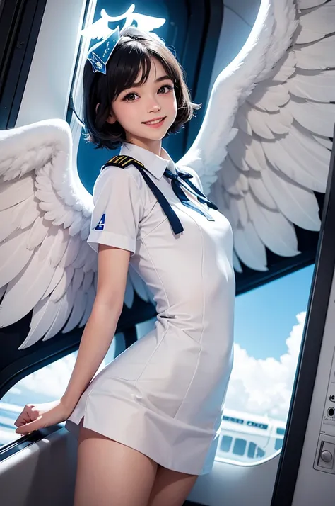 pop art,flat design,
angel girl,cute,15yo,ange halo,navy wavy short hair,(big white wings),
(flight attendant uniform),
in airplane,about to jump out of window,
dynamic angle,nihilistic smile,beautiful lighting,photographic portrait, sharp,