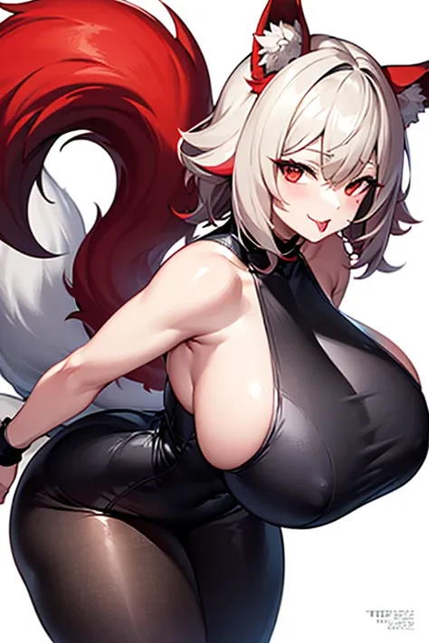  Female, vampire, black dress,sexy body, huge breasts and huge ass, thicc thighs, short white hair with red dye on the tips of my hair, red eyes,has a forked tounge, net leggings,pale skin, Gothicc

And a ,humanoid Male red fox, kitsune gold eyes and fox e...