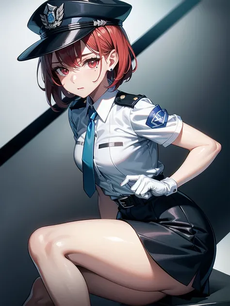 policewoman uniform, light blue short sleeved shirt, navy necktie, high waisted miniskirt, belt, white gloves, police hat, handcuffs, absurdres, RAW photo, extremely delicate and beautiful, masterpiece, Best Quality, ultra high resolution, 32k, hyperrealis...