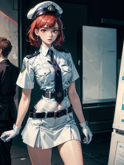 policewoman uniform, light blue short sleeved shirt, navy necktie, high waisted miniskirt, belt, white gloves, police hat, handcuffs, absurdres, RAW photo, extremely delicate and beautiful, masterpiece, Best Quality, ultra high resolution, 32k, hyperrealis...