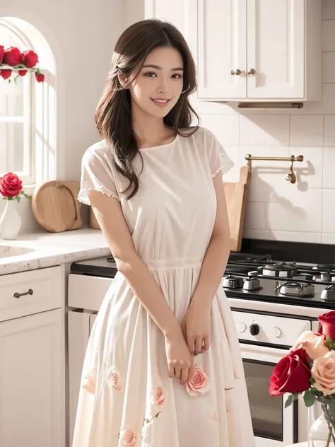 Create a portrait of a beautiful woman standing in a kitchen room surrounded by blooming roses. Capture the intricacy of the rose petals and the subtle nuances of the woman’s expression.cute face smile realistic RAW IMAGE 