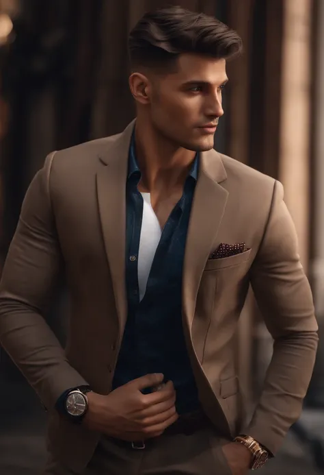 A young man, sexy brunette, beautiful tanned skin, Brown eyes, Stylish haircut, light bristles. clear and realistic, super real. Excellent figure. (Best quality, 4k, 8k, a high resolution,masterpiece: 1.2),super detailed. Light jacket and trousers, Strong ...