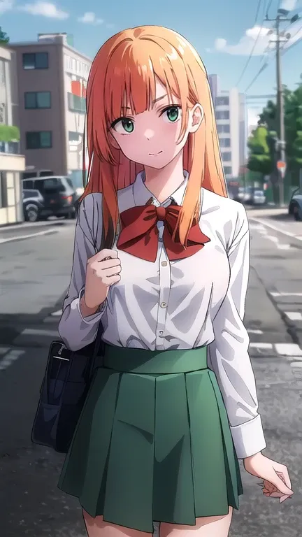 best quality,4k,8k,highres,masterpiece:1.2),umasterpiece,high quality,solo,
Orange hair, green eyes, 
gray skirt, white long sleeve blouse, red bow, , green gakuran, high quality, school graffiti in the background. 