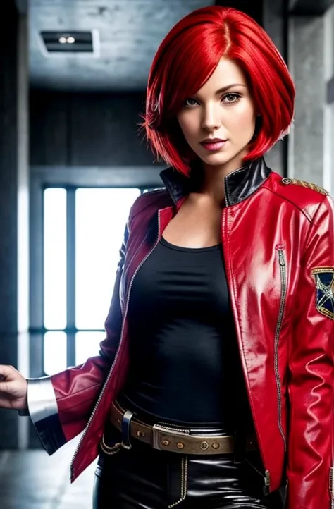 red bob cut, beautiful woman, starship captain, short jacket, cowboy shot, flirty, military bearing, standing, pirate