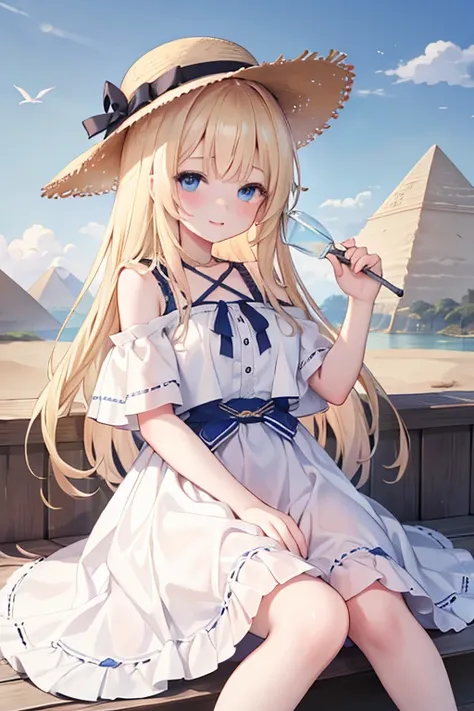 masterpiece, highest quality, high resolution, 1 7-year-old girl、blue eyes、
blonde、braid、white dress、straw hat、egypt、in front of...