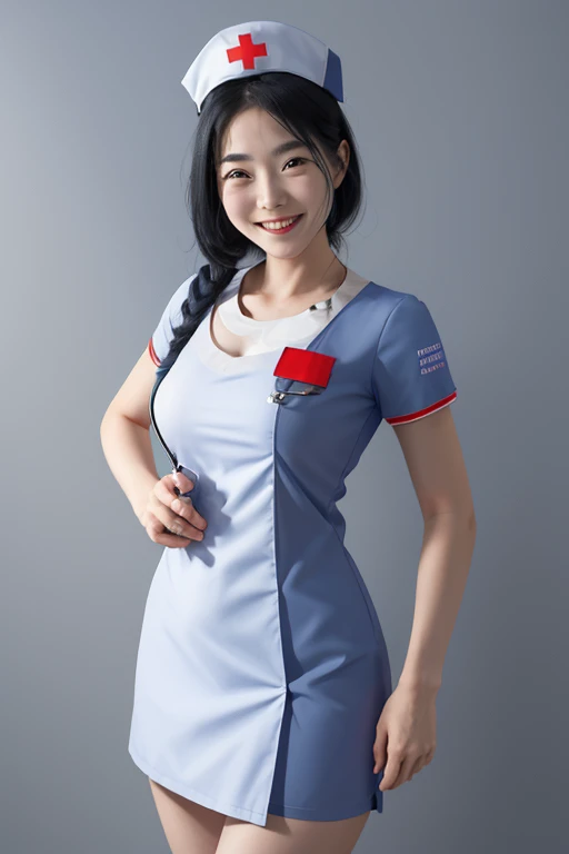 1 girl, solo, masterpiece, best quality, 1girl, solo, standing, terrarianurse, nurse, nurse cap, smile, black hair, syringe 