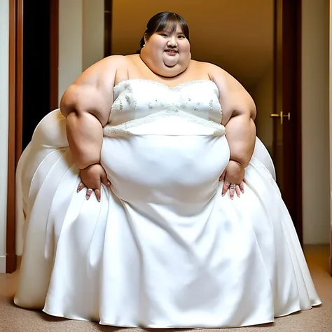 sbbw solo extremely morbidly obese Singaporean woman full body alone wearing a white wedding dress