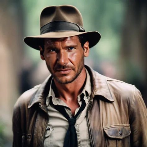 Indianajones Person portrait with a charming smile, blurred background, Sideshow, eerie moody, iconic hat, film grain movie scene.