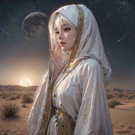 (highest quality、masterpiece、8k、Best image quality、Ultra-high resolution、Award-winning works)、A beautiful white-haired woman watches us from afar in the desert, Where light shines from the moon.、Ancient Islamic clothing、Beautiful face drawn in every detail