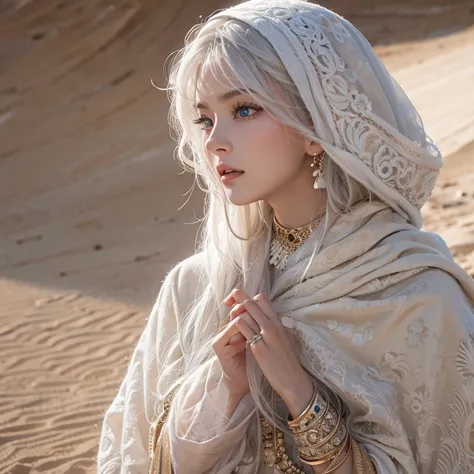 (highest quality、masterpiece、8k、Best image quality、Ultra-high resolution、Award-winning works)、A beautiful white-haired woman watches us from afar in the desert, Where light shines from the moon.、Ancient Islamic clothing、Beautiful face drawn in every detail