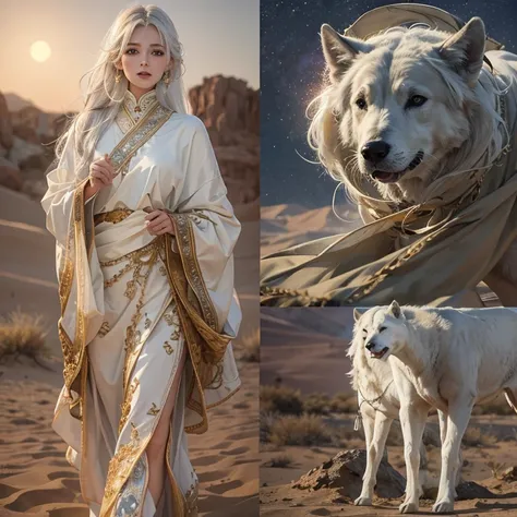 (highest quality、masterpiece、8k、Best image quality、Ultra-high resolution、Award-winning works)、A beautiful white-haired woman watches us from afar in the desert, Where light shines from the moon.、Ancient Islamic clothing、Beautiful face drawn in every detail...