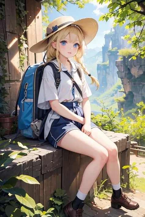 masterpiece, highest quality, High resolution, 13-year-old girl、blue eyes、
blonde、Braiding、Climbing Style、Clothes with lots of pockets、Shorts、rucksack、Thick-soled shoes、Safari Hat、Mountain climbing、Lush tree々々、The sunlight streaming in