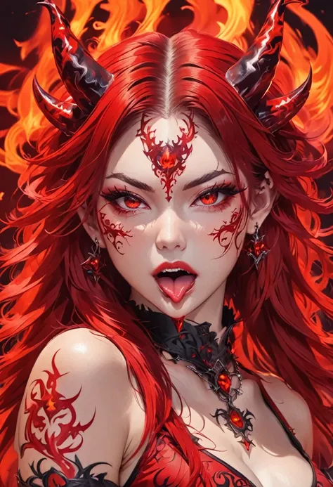 high quality, hd, long hair, sharp red eyes color, tongue, pierced, tattoo, female devil, devil girl, one person, single person,