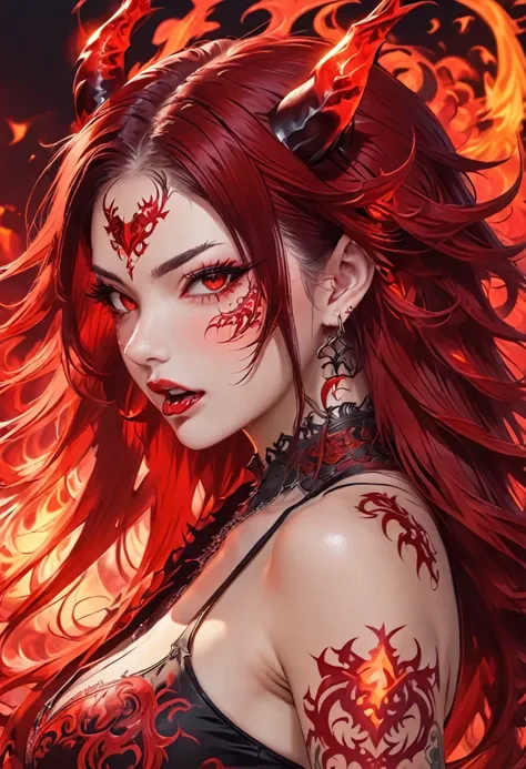 High quality, HD, long hair, sharp red eyes color, tongue, pierced, tattoo, female devil, devil girl, one person, single person, 