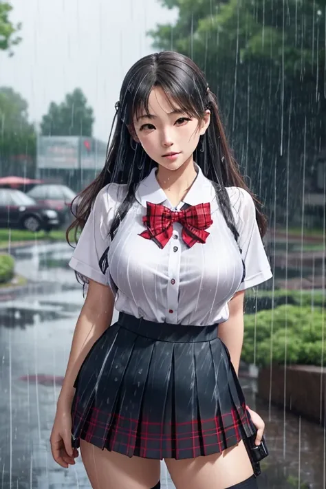 waistband of skirt is at the point above chest , school girl big breast , red knot , red bow , skirt dark red , plaid skirt , pleated skirt , dirty white Shirt , Highly detailed CG Unity 8K wallpaper、highest quality、super detailed、masterpiece、realistic、Pho...