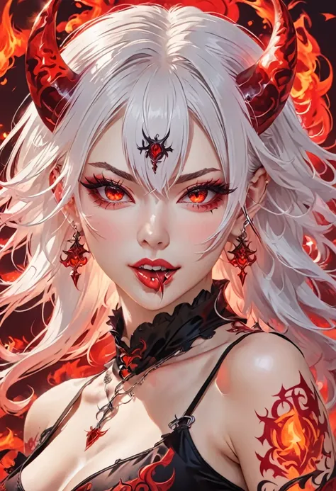 high quality, hd, long white hair, sharp red eyes color, tongue, pierced, tattoo, female devil, devil girl, one person, single p...