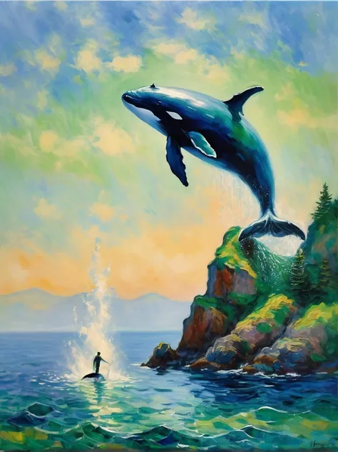 (Claude Monet Style:1.3)，Capture tranquil scenes in blue and green hues，Scenery includes tranquil ocean views，Dotted with jagged rock cliffs，(A majestic whale emerges from the water, swimming gracefully and serenely:1.5)，The style subtly recalls Claude Mon...