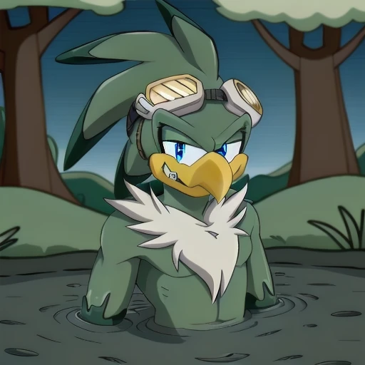 jetthehawk, furry male anthro, bird boy, portrait, solo, (best quality), (detailed fluffy feathers:1.1), goggles, muscular, grin, partially submerged, forest, mud, brown mud, anime, shaded