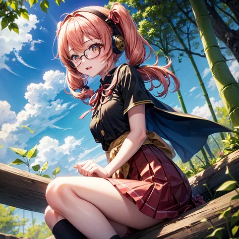 Pink Blue Gold Golden Hair、Golden Eyes、One good looking girl、Twin tails、solo、anime、Checkered mini skirt、The skirt has buttons、Red T-shirt、China、Cape、Black knee-high socks、Wearing headphones、Wearing a ribbon、Ribbon on waist、Tilting face、Teeth are visible、Su...