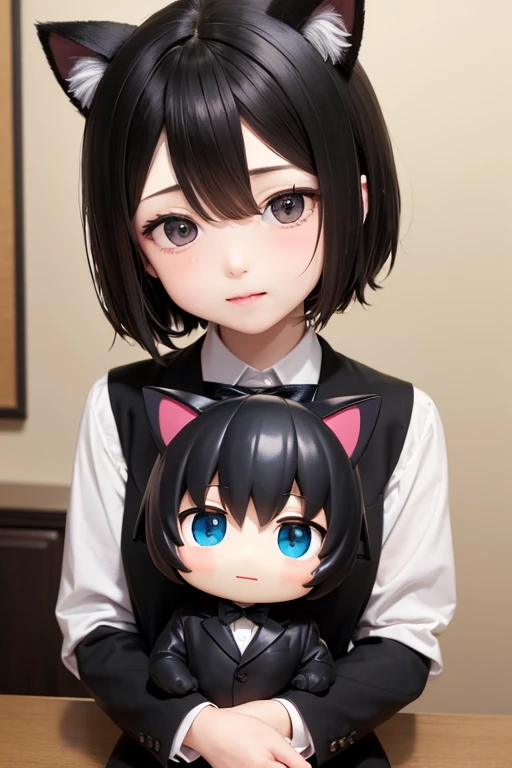 boy, juvenile, Big Head, とてもBig Head, 超Big Head, Cat ear doll, Nendoroid, In a black suit, A bow tie