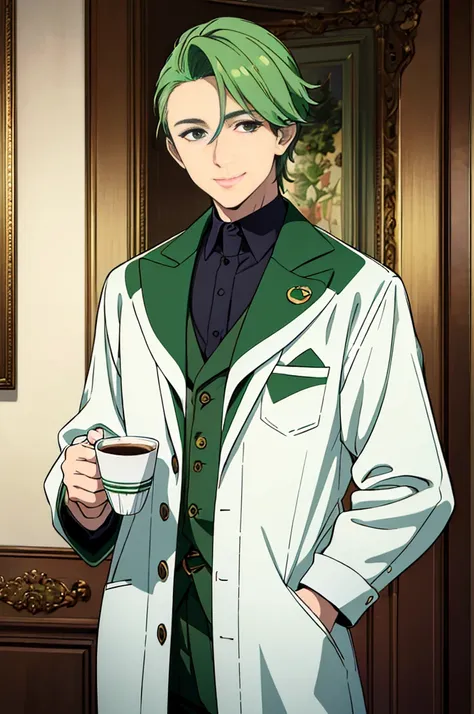 (best quality,highres,masterpiece:1.2),ultra-detailed,(realistic,photorealistic,photo-realistic:1.37)，10-generation boy, green hair styled in center part, eyes also green, youthful face with a smiling expression, wearing a white coat, holding a cup of coff...