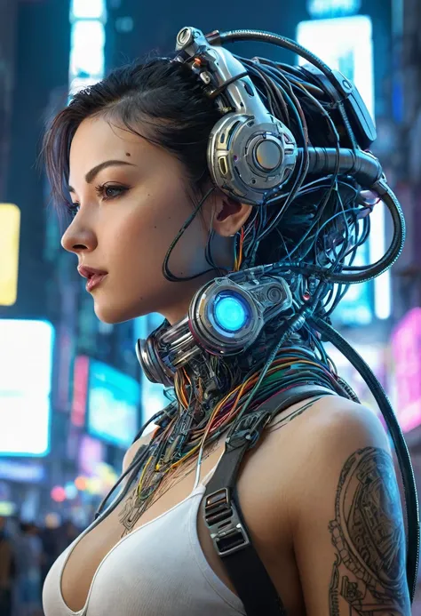 ((extremely delicate and beautiful cybernetic girl)), ((mechanical limblood vessels connected to tubeechanical vertebrae), ((mechanical cervical attaching to neck)), (wires and cables attaching to neck:1.2), ((mass of wires and cables on head)),  (characte...