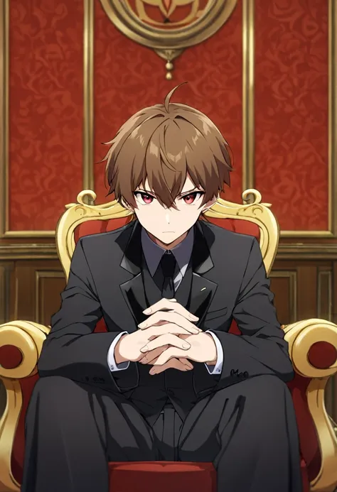 anime character, anime handsome msn, it was sitting on a thrown it has brown hair and red eyes bandage on his hands. it was mafia boss aura background is at the mansion it was inspired by katekyo hitman reborn art style,