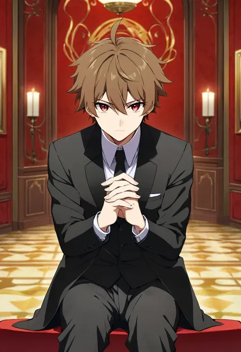 anime character, anime handsome msn, it was sitting on a thrown it has brown hair and red eyes bandage on his hands. it was mafia boss aura background is at the mansion it was inspired by katekyo hitman reborn art style,