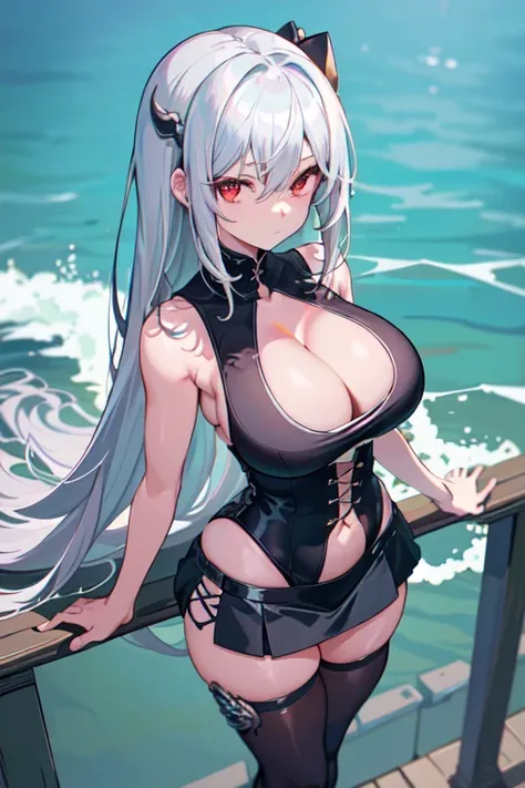 masterpiece, best quality, High_solve, fine details, Very detailed and beautiful, clearly_image, 1 girl, Solitary, from above, Silver Hair, Red Eyes, Dragon Horn, (Huge breasts)(((Large Breasts、Low-cut，Cleavage, Wide hips,)))Long legs , , (),seaside,curved...