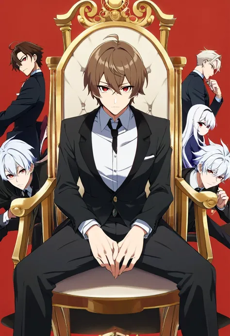 anime character, anime handsome men, it was sitting on a chair it has brown hair and red eyes bandage on his hands. it was mafia boss aura background is at the mansion and next to him anime character has a white hair and bandage on the hand and suit in maf...