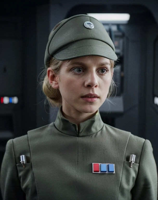 fashion photography of clémence poésy in olive gray imperialofficer uniform and hat, blonde hair in small tight bun, smooth pale...