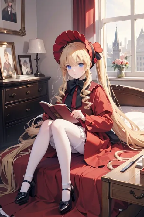 masterpiece, highest quality, High resolution, 1 8-year-old girl、blue eyes、
blonde、Straight long hair、Original Costume、bonnet, red dress,white pantyhosecup, black footwear 、Luxury bedroom、