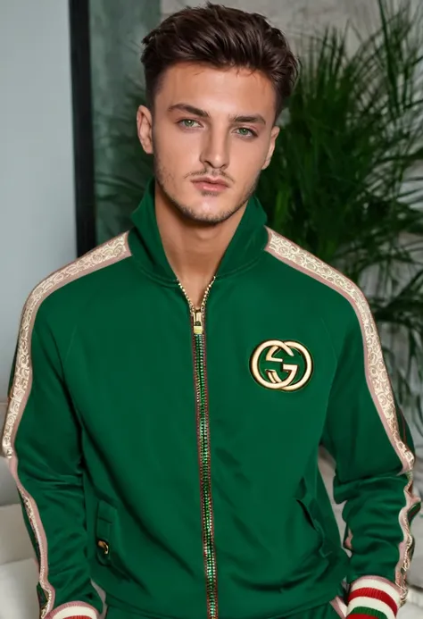 young man,Beautiful,charismatic brunette,Kare, Green eyes,light bristles. haircut. good body,Super realistic. In a Gucci tracksuit