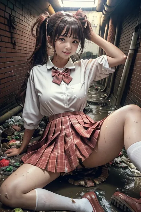 dirty white Pantyhose , School shoes, dirty white socks , waistband of skirt is at the point above chest , school girl big breast , red knot , red bow , skirt dark red , plaid skirt , pleated skirt , dirty white Shirt , realisitic、top-quality、crisp photos、...