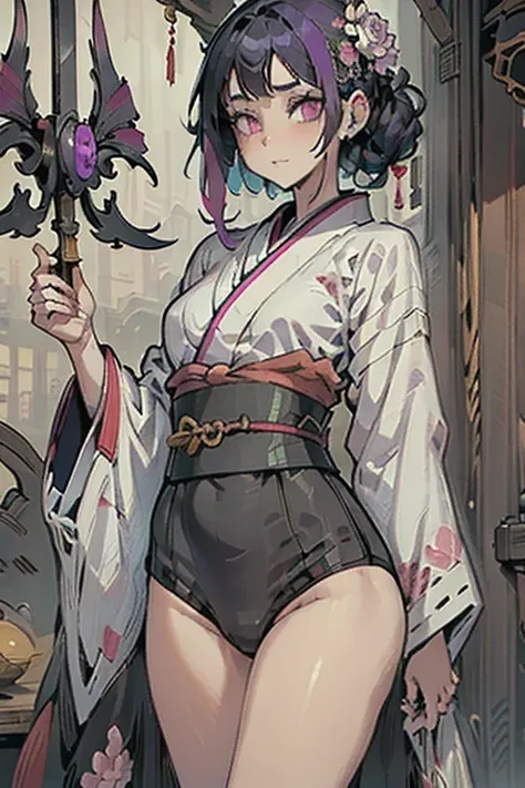 A pink haired woman with violet eyes with an hourglass figure in a kimono is spinning her scythe in a flurry of peony petals