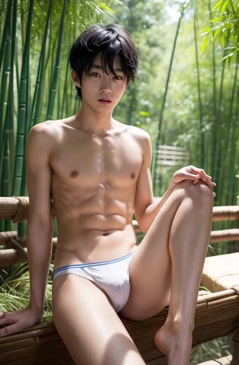 One Boy、Beautiful boy、Handsome、18-year-old、Japan boys、Black Hair、bamboo forest、Upper body naked、Groin bulge、Take off your clothes、Show bare skin、Spread your legs,White underwear、barefoot、Standing posture、Thin、Cute Boys、