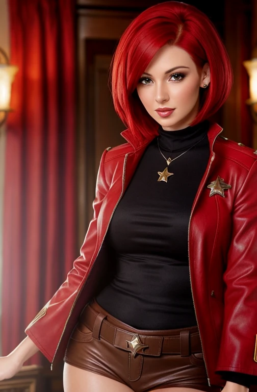 red bob cut, beautiful woman, starship captain, short jacket, cowboy shot, flirty, military bearing, standing, pirate