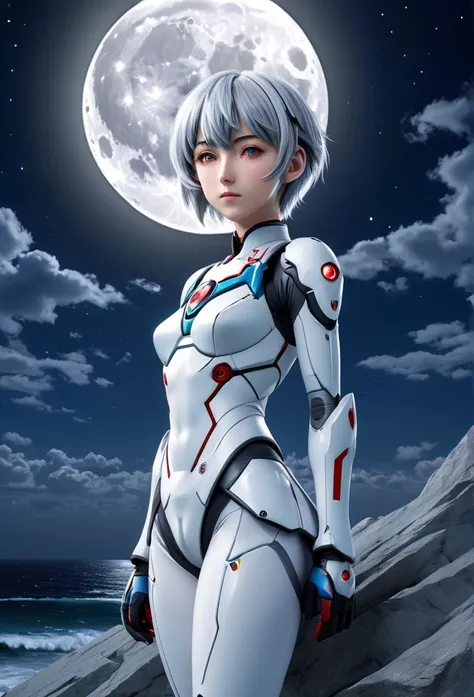 a photograph of Ayanami Rei with big silverish full moon in background, realistic style, masterpiece, insanely detailed and intricate, RAW, high resolution